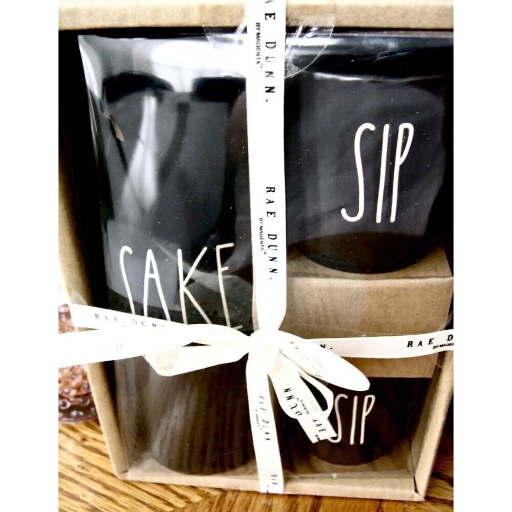 New Rae Dunn Magenta Large Letter Matte Black Ceramic SAKE & SIP Drink Set 3Pc